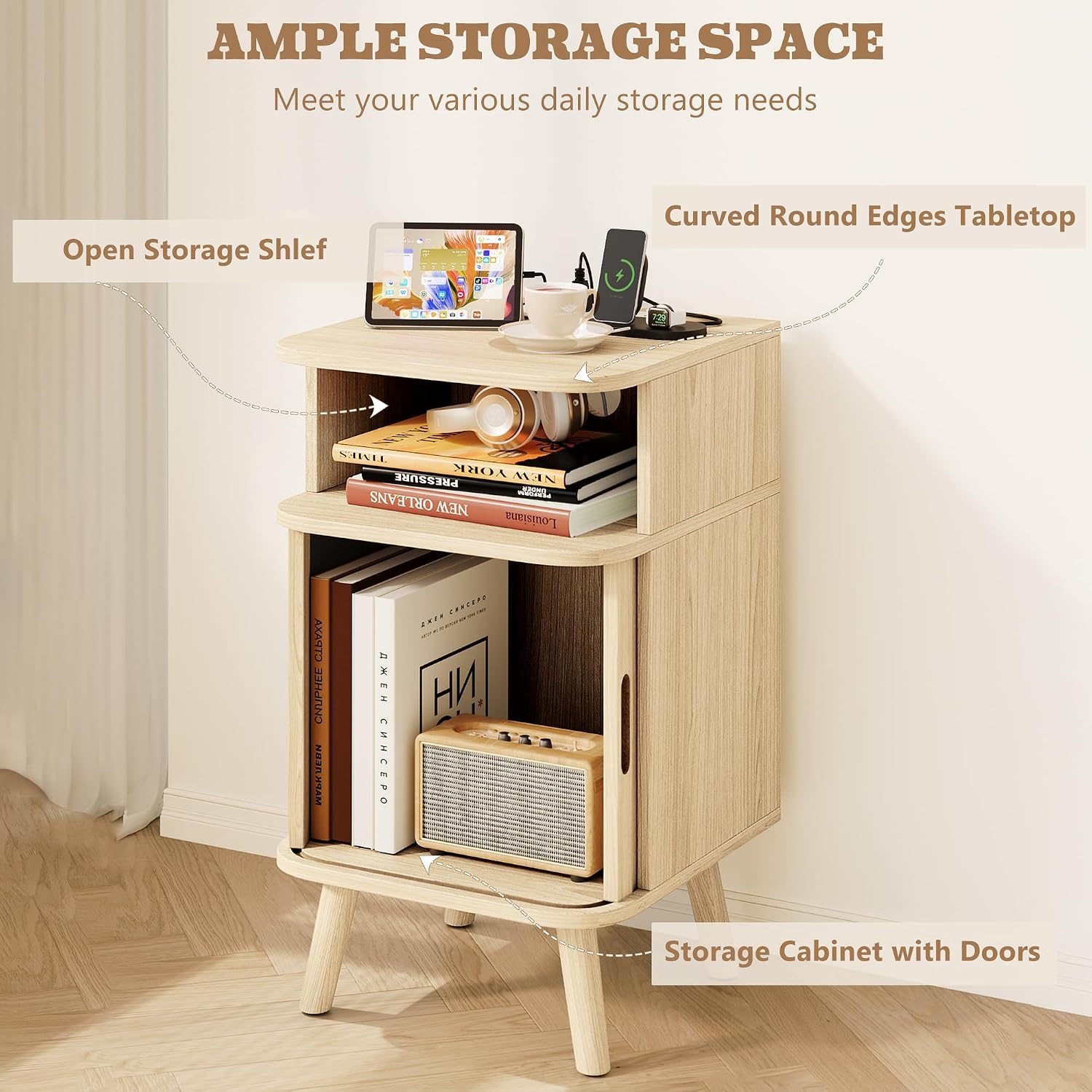 Alohappy Fluted Nightstands Set of 2 with Charging Station, Mid Century Modern Bedside Tables with Sliding Tambour Doors, Curved Wood End Table with Storage for Bedroom, Living Room, Natural Oak