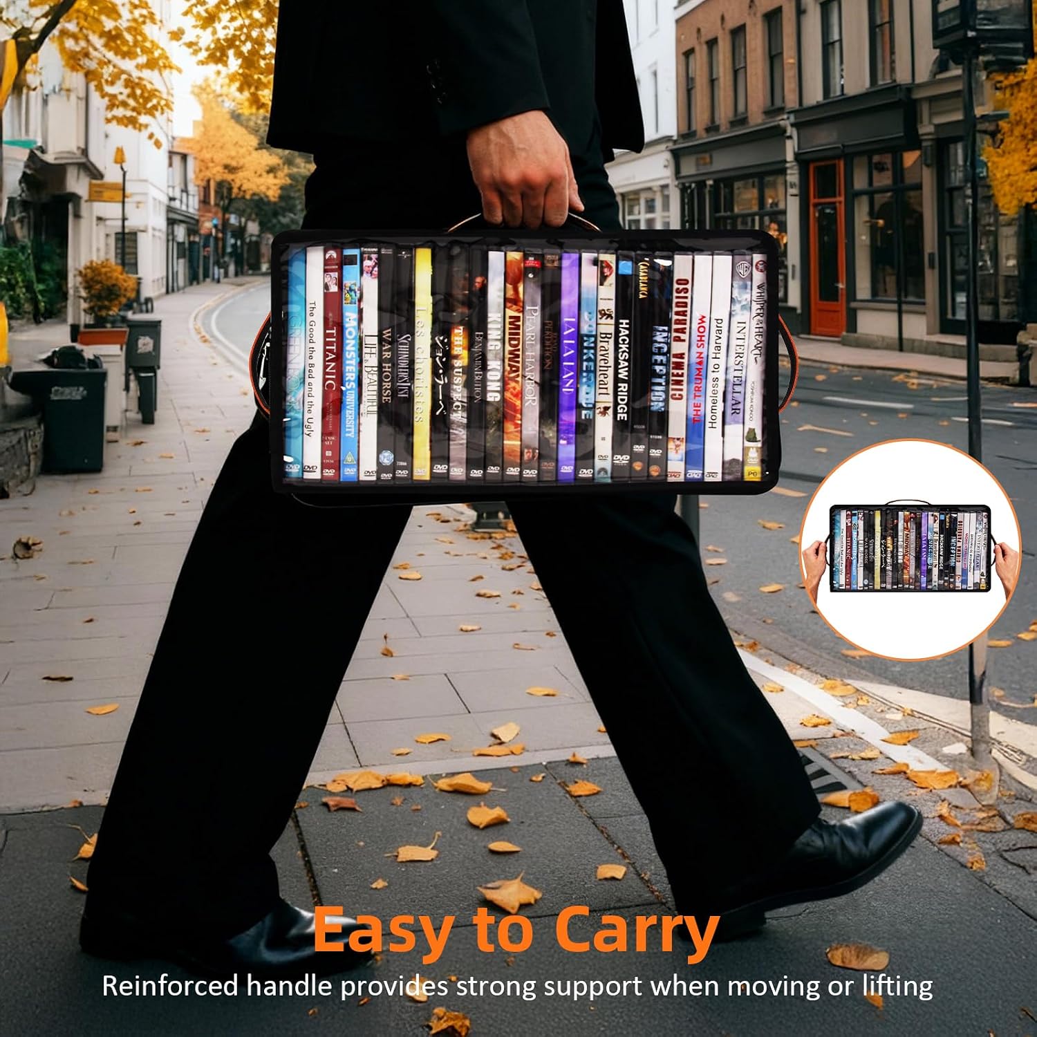 4 Pack DVD Storage Box, Stackable Oxford Fabric DVD Cases Holder with Front Zippered Clear Window and Handles, 15.7 x 7.9 x 6.1 In, Foldable DVD Organizer Rack, Holds Up to 100 DVDs (25 Each)