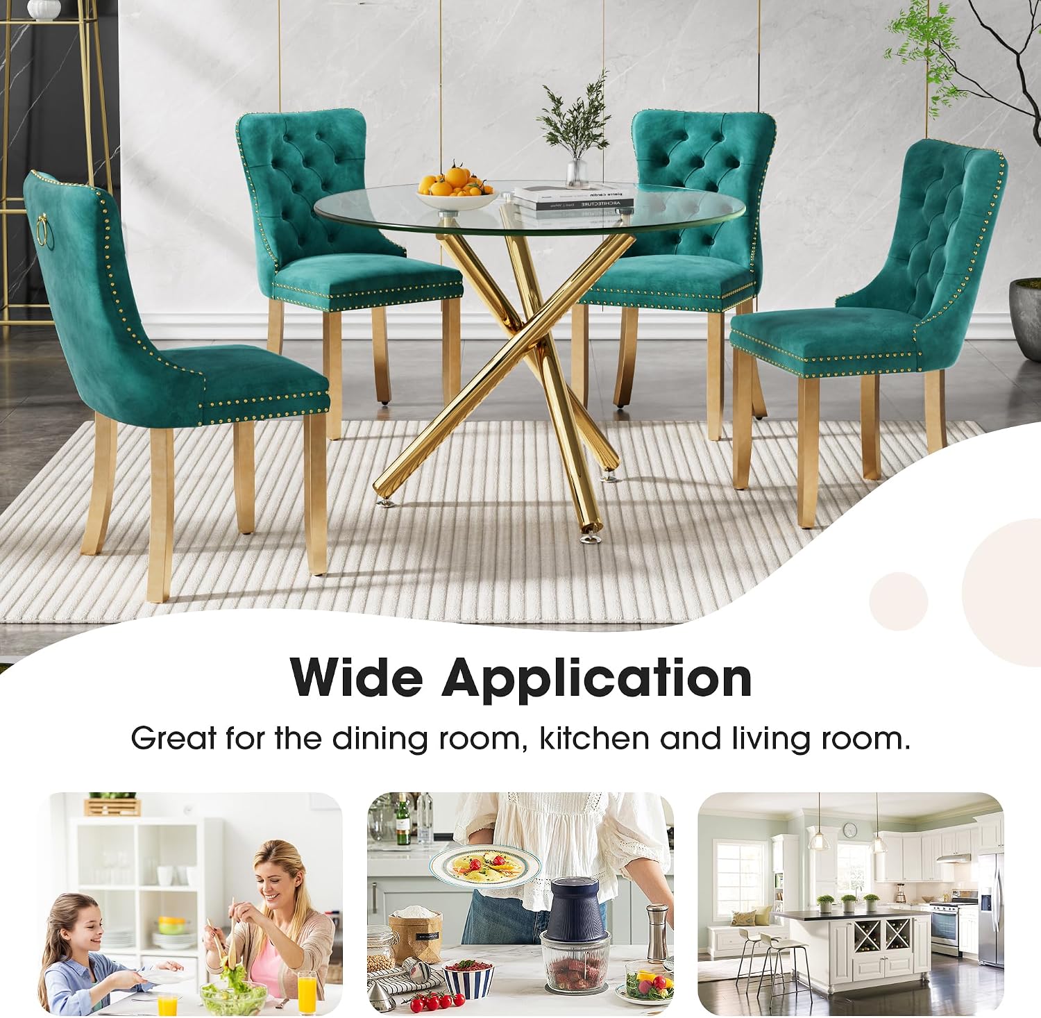 Round Glass Dining Table Set for 4, Small Kitchen Table Set for 4, 47" Circle Gold Glass Dinner Table for 4 with Green Velvet Chairs, 5 Piece Dining Room Table Set for 4 for Breakfast Dinette Cafe
