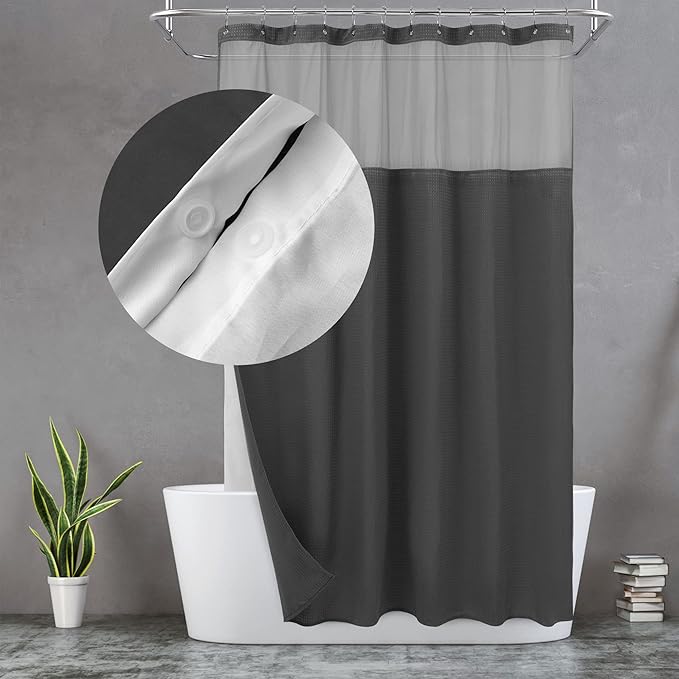 N&Y HOME Waffle Weave Shower Curtain with Snap-in Fabric Liner Set, 12 Hooks Included - Hotel Style, Water-Repellent & Washable, Heavyweight Fabric & Mesh Top Window - 71x72, Graphite Gray
