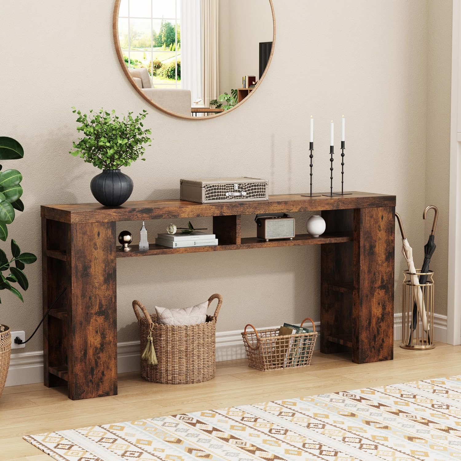 70.8" Extra Long Console Table with Outlets & USB Ports,Farmhouse Sofa Table with Storage Shelves for Behind Couch, Living Room, Entryway, Hallway, Brown