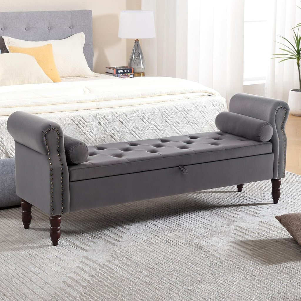 67" End of Bed Storage Bench King Size, Storage Bench for Bedroom, Velvet Bed Bench with Storage Upholstered Tufted Storage Ottoman Bench with Arms for Bedroom, Living Room, Entryway, Dark Grey