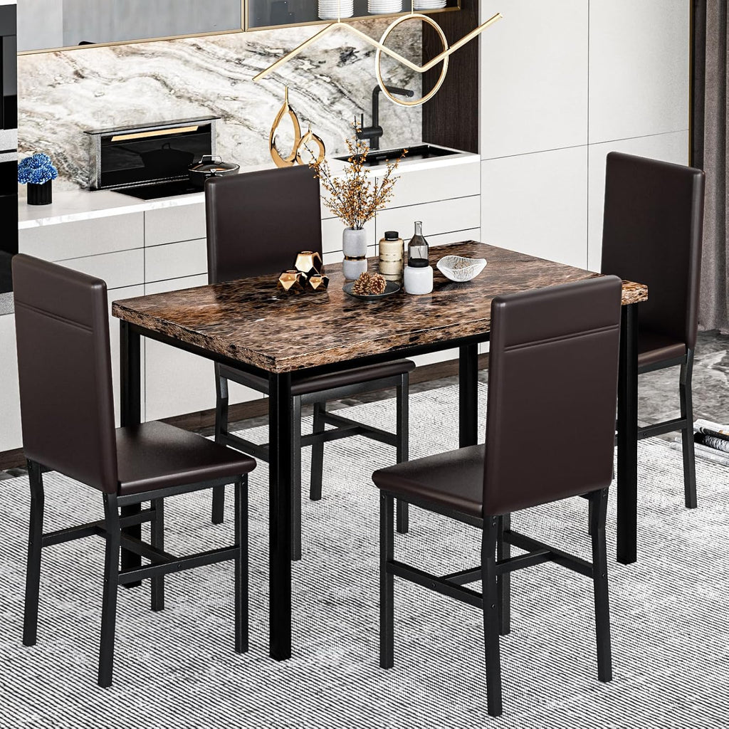 Recaceik 5-Piece Dining Table Set for 4, Faux Marble Kitchen Table Chairs Set of 4, Kitchen Table Set with 4 Upholstered PU Leather Chairs for Dining Room, Living Room, Apartment, Small Spaces, Brown