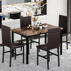 Recaceik 5-Piece Dining Table Set for 4, Faux Marble Kitchen Table Chairs Set of 4, Kitchen Table Set with 4 Upholstered PU Leather Chairs for Dining Room, Living Room, Apartment, Small Spaces, Brown