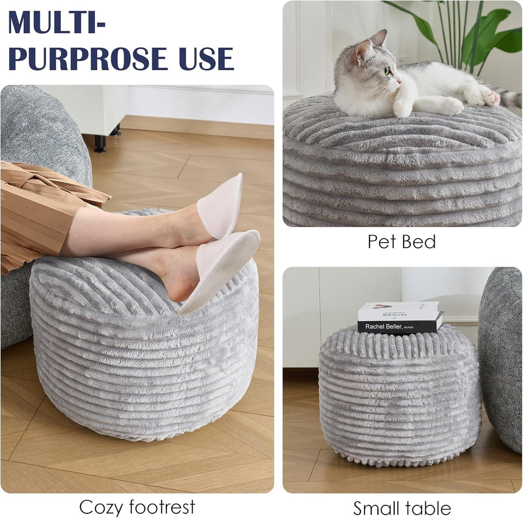 SHOUREN Stuffed Round Ottoman,Pouf Ottoman Foot Rest,20 X 15 in,Light Grey | Corduroy Cover,Memory Foam Filler,Pouf Storage Ottoman Footstool for Living Room,20 X 15 Floor Poufs for Couch,Footrest Only