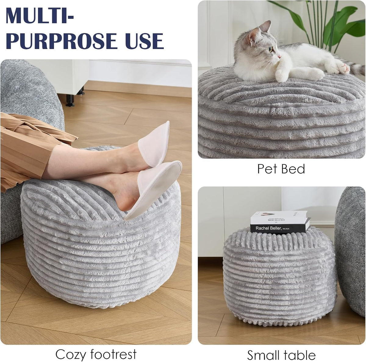 SHOUREN Stuffed Round Ottoman,Pouf Ottoman Foot Rest,20 X 15 in,Light Grey | Corduroy Cover,Memory Foam Filler,Pouf Storage Ottoman Footstool for Living Room,20 X 15 Floor Poufs for Couch,Footrest Only