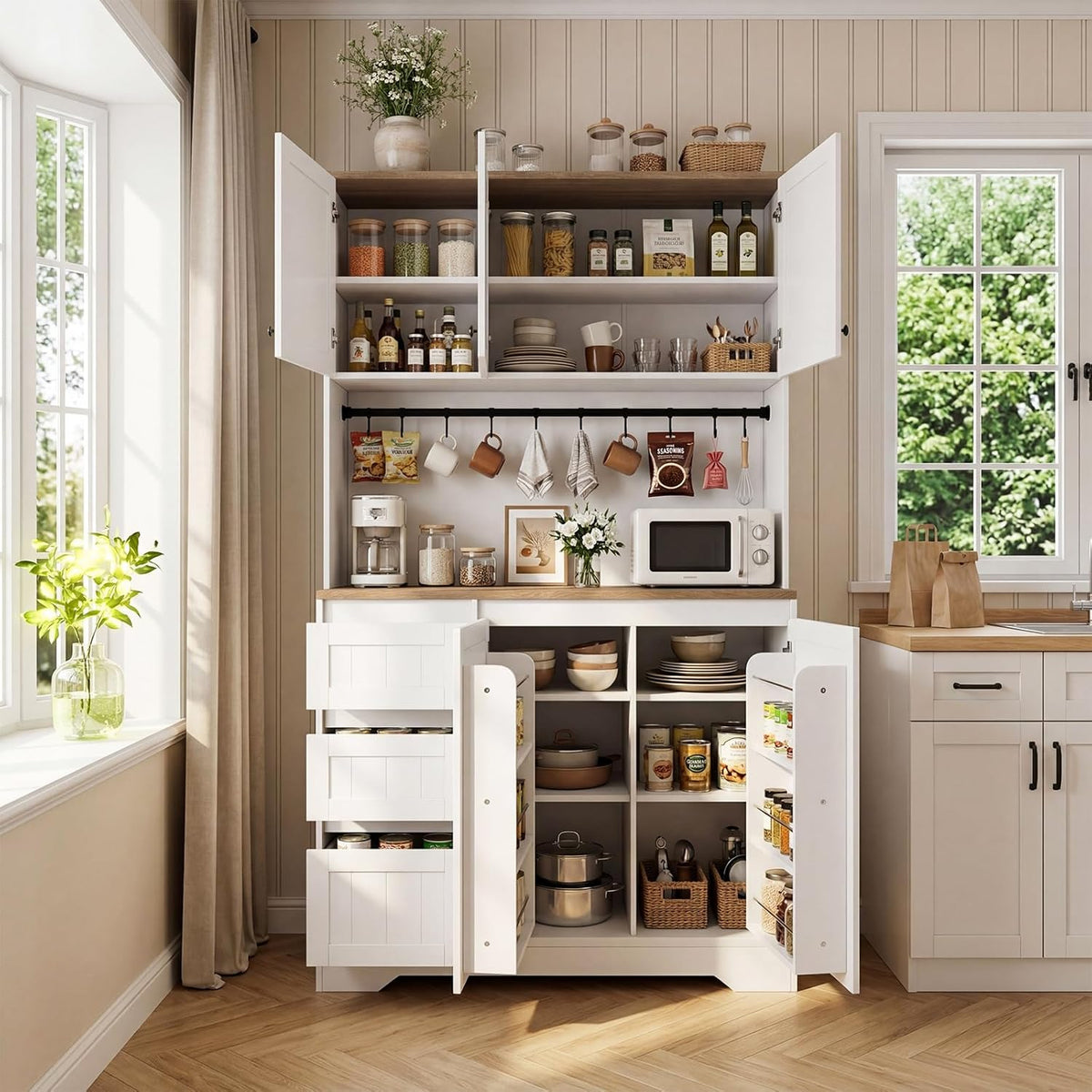70.8'' LED Pantry Cabinet with Charging Station, Tall Kitchen Pantry Storage Cabinet with Countertop & Cup Hooks, Farmhouse Kitchen Hutch with Storage Drawers for Dining Room, White