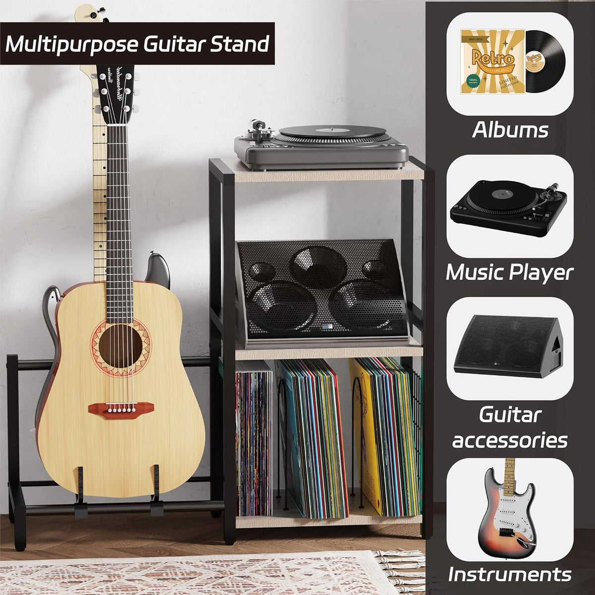 YAKANJ End Table with Guitar Stand,Record Player Stand,Vinyl Records Storage,2-Tier Guitar Stand for Acoustic,Turntable Stand for Music Studio,Grey