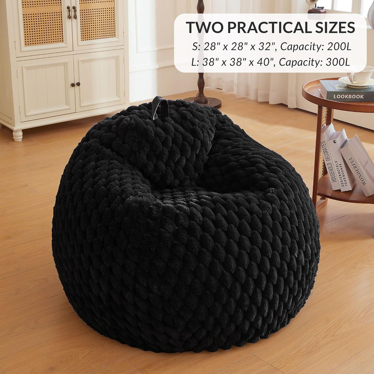 XeGe Luxury Bubble Fluffy Faux Rabbit Fur Bean Bag Cover(No Filler), Black | No-Shed, Non-Slip, Washable, Shaggy Stuffed Animal Storage Beanbag Cover for Bedroom Living Room Dorm Playroom Reading Nook