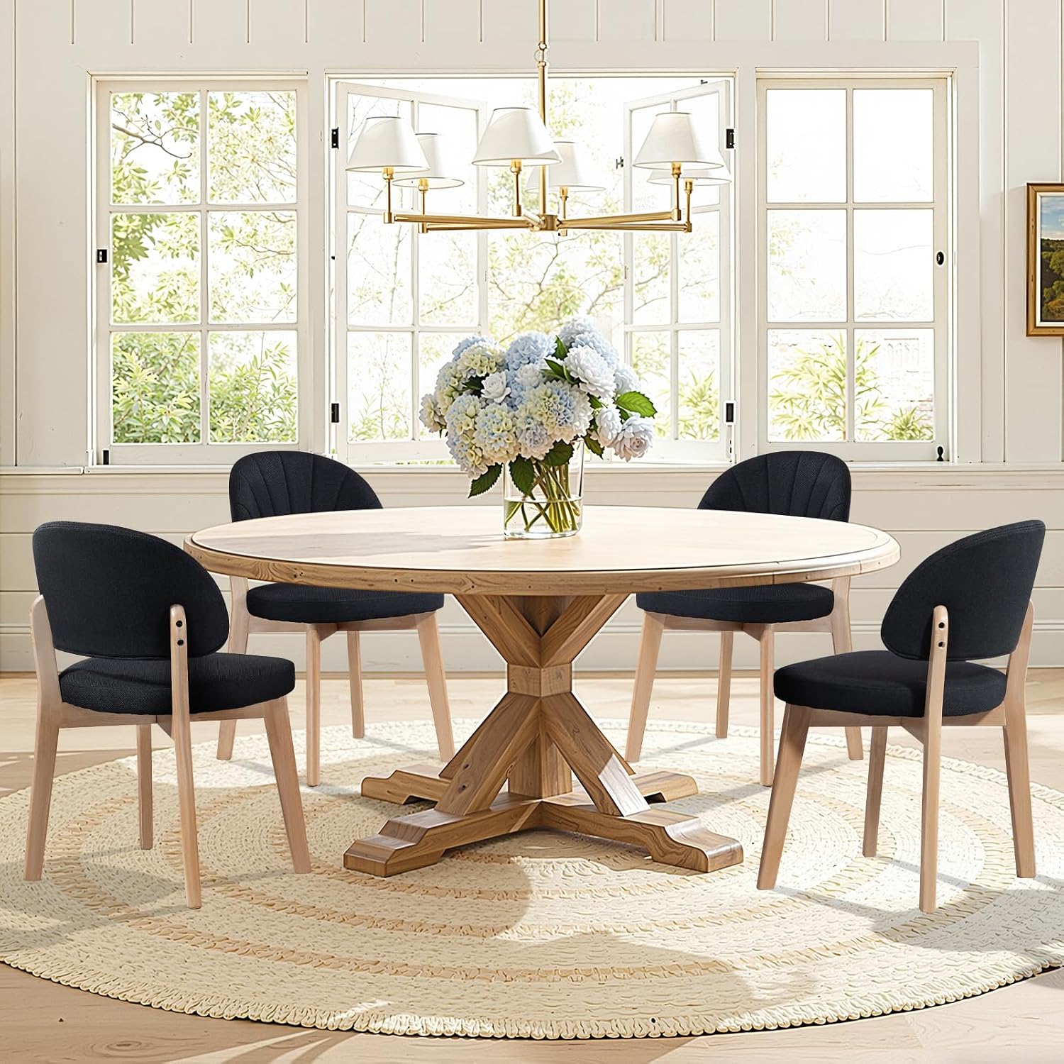 Modern Fabric Upholstered Dining Chairs Set of 4, Farmhouse Curved Back Armless Accent Chairs with Solid Oak Wood Legs, Walnut Kitchen Side Chairs for Dining Room, Bedroom/Restaurant, Black
