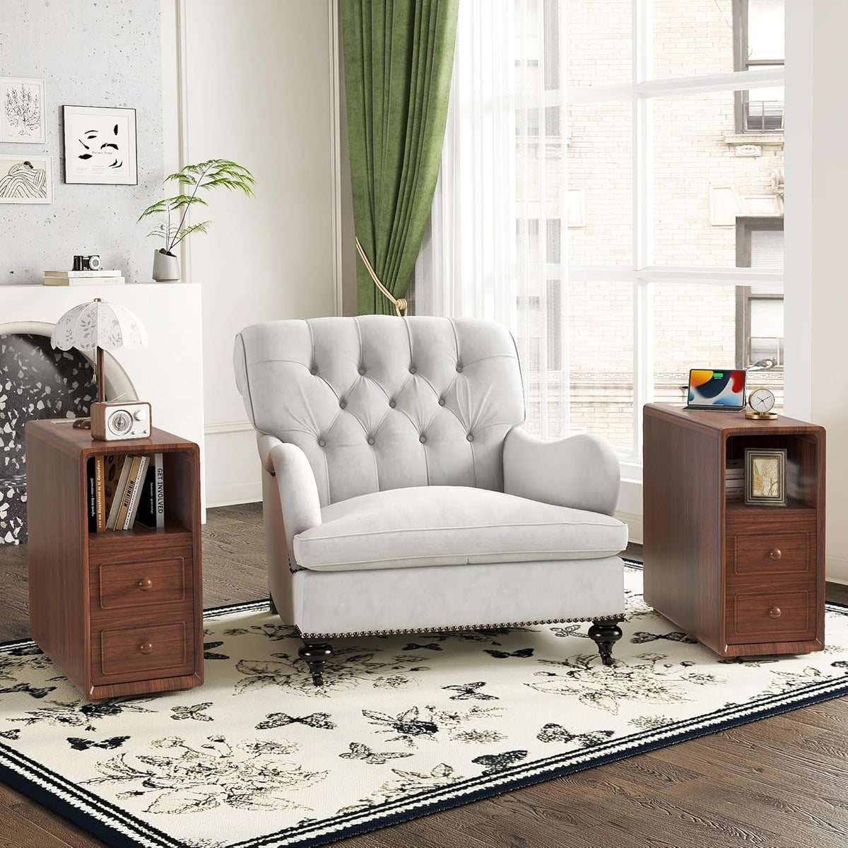 GDFStudio End Table with 2 Drawers & 3 Open Shelves, Corner Side Table with Reversible Top Shelves & Charging Station, 2 USB Ports & AC Outlets, Ideal for Bedroom & Living Room, Walnut Finish