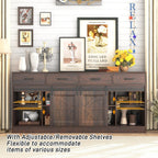 70” Large Buffet Sideboard Cabinet w/4 Drawer,Farmhouse Coffee Bar Cabinet Buffet with Storage,Sliding Door,Long Kitchen Buffet Table,Kitchen Sideboard Cabinet,Credenza for Dining Room,Brown