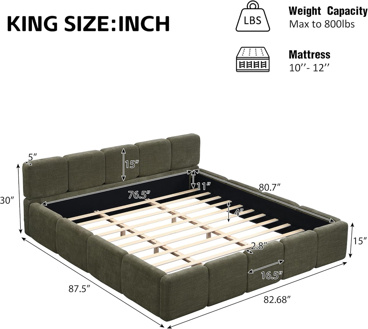 Merax King Boucle Platform Bed with Thick Headboard and Footboard, Green