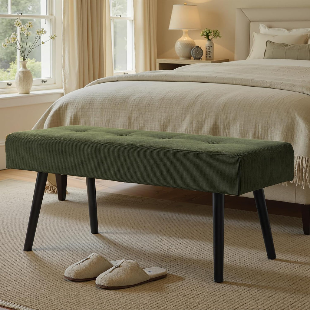 Comfy to go Entryway Bench - Green Bench for Bedroom, Modern Ottoman End of Bed, Corduroy Padded Benches for Living Room, Foyer, Mudroom, Hallway - 39" L x 14" W x 17" H | Corduroy Padded Benches for Living Room, Foyer, Mudroom, Hallway - 39" L x 14" W x
