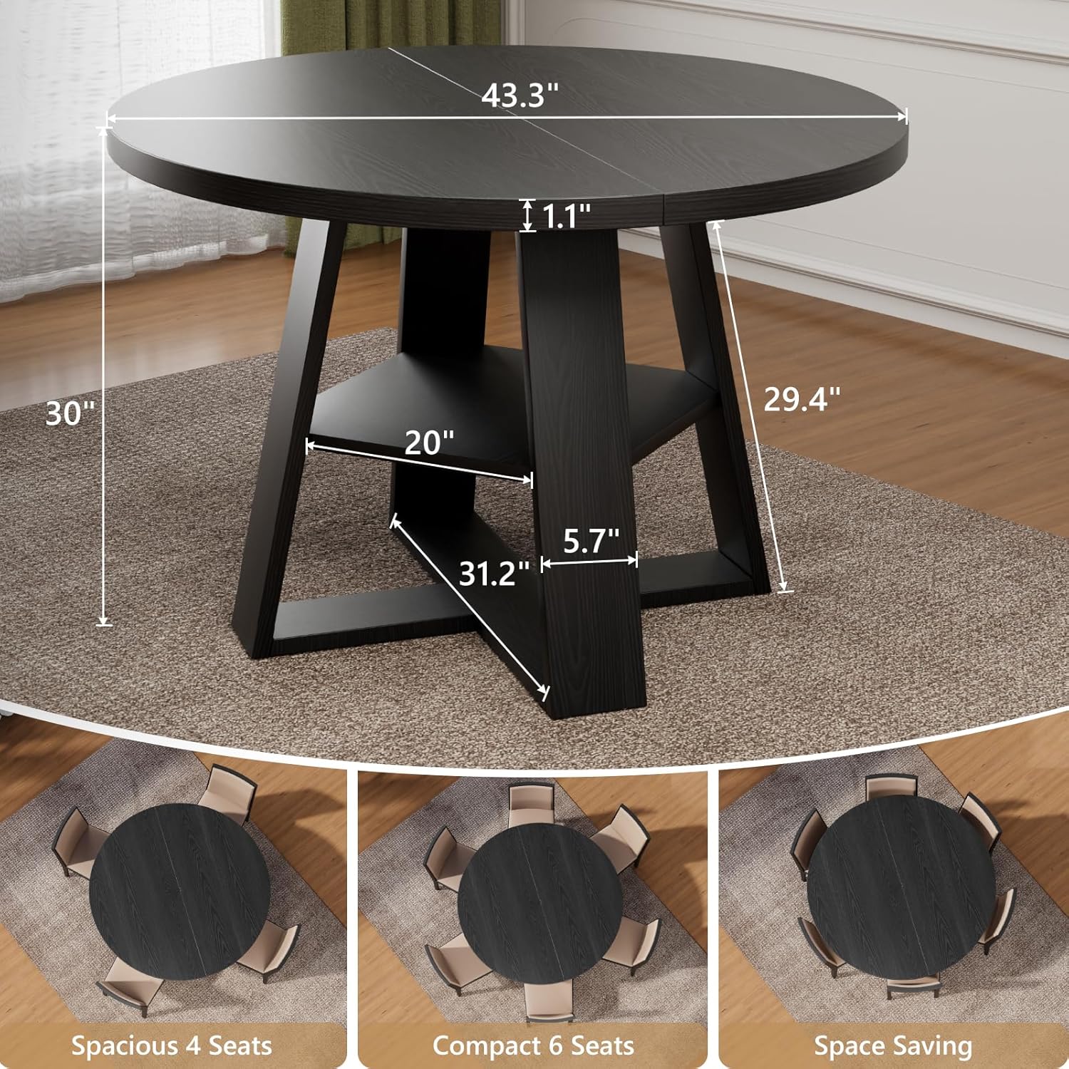 43 inch Round Dining Table for 4-6, Dining Table with Storage Shelf, Wood Grain Top, Sturdy Wood Legs, Space Saving Dinner Tables, Circle Kitchen Tables