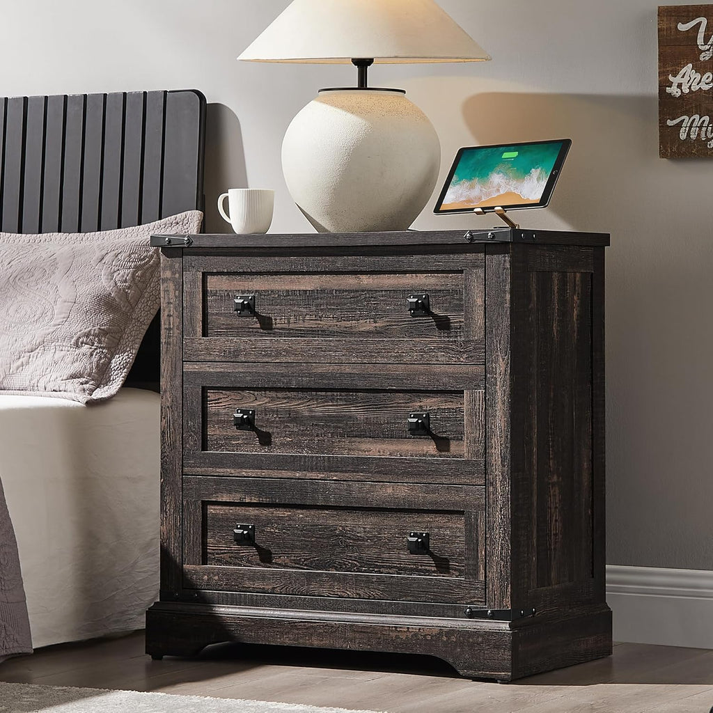 T4TREAM 32" Farmhouse Nightstand with 3 Storage Drawers, Large End Table with Charging Station, Rustic Wood Bedside Table for Bedroom, Living Room, Dark Rustic Oak