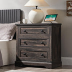 T4TREAM 32" Farmhouse Nightstand with 3 Storage Drawers, Large End Table with Charging Station, Rustic Wood Bedside Table for Bedroom, Living Room, Dark Rustic Oak