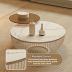 Round Nesting Coffee Table Set of 2, Modern Circular Tables with White Marble Rock Slab & Wood, End for Living Room, Bedroom, Space-Saving Side Tables(Textured White)