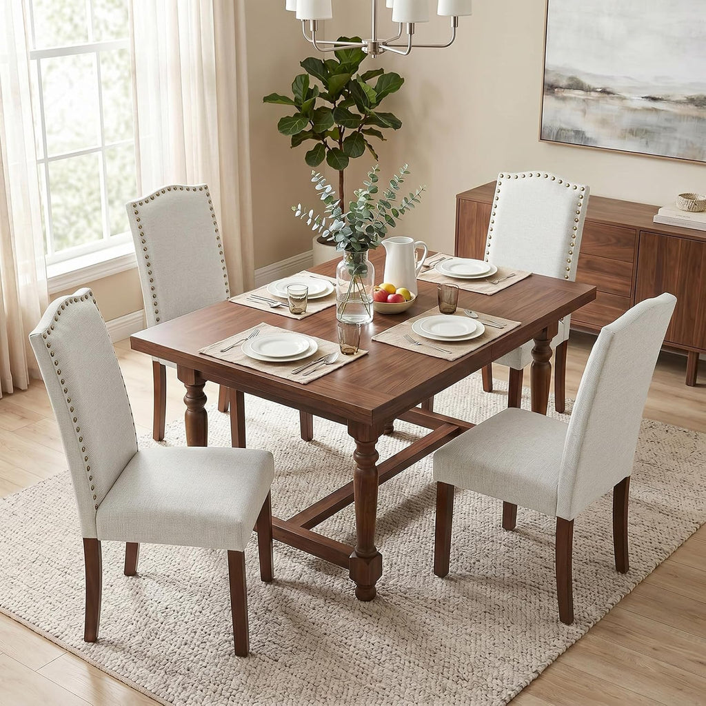 Upholstered Dining Chair Set of 4, Farmhouse Fabric Kitchen Chair | Modern, Padded Seat, Solid Wood Legs, High Back, Nailhead Trim, Living Room, Restaurant, Hotel, Beige