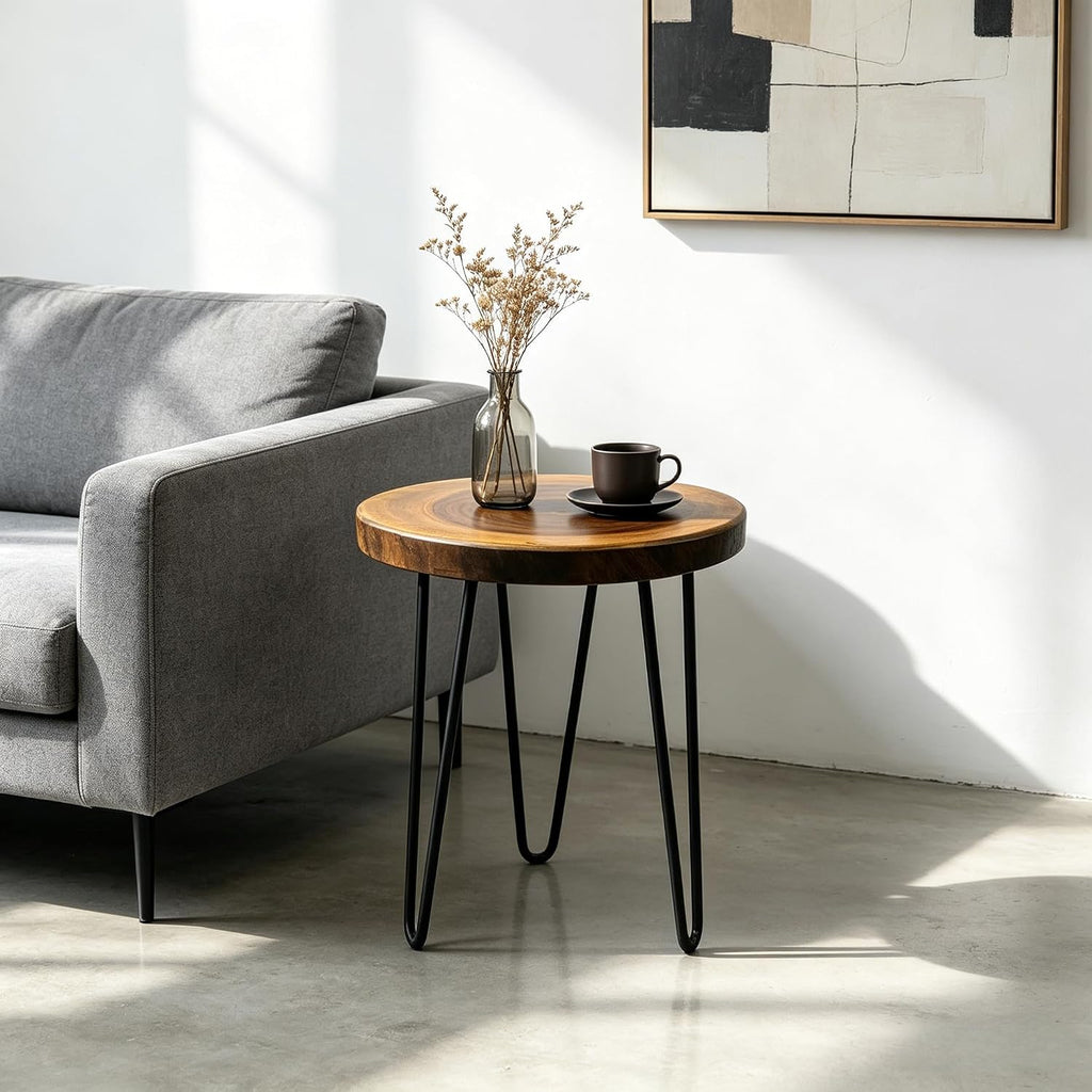 Live Edge End Table, About 15-18" W x 17" H Natural Edge Camphor Wood Stump Side Table for Living Room, Unique Desktop with Metal Hairpin Legs, Natural Wood Nightstand, Plant Stand