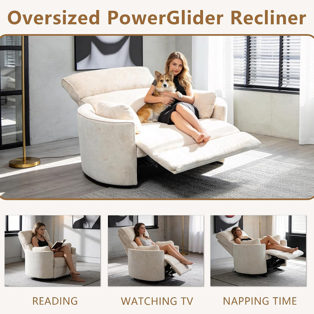 450lbs Oversized Power Recliner Chair for Big and Tall Adults, 52" Extra Wide Electric Recliner with USB & Type-C Ports, Chenille Fabric Single Sofa Chair for Living Room & Bedroom (Beige)