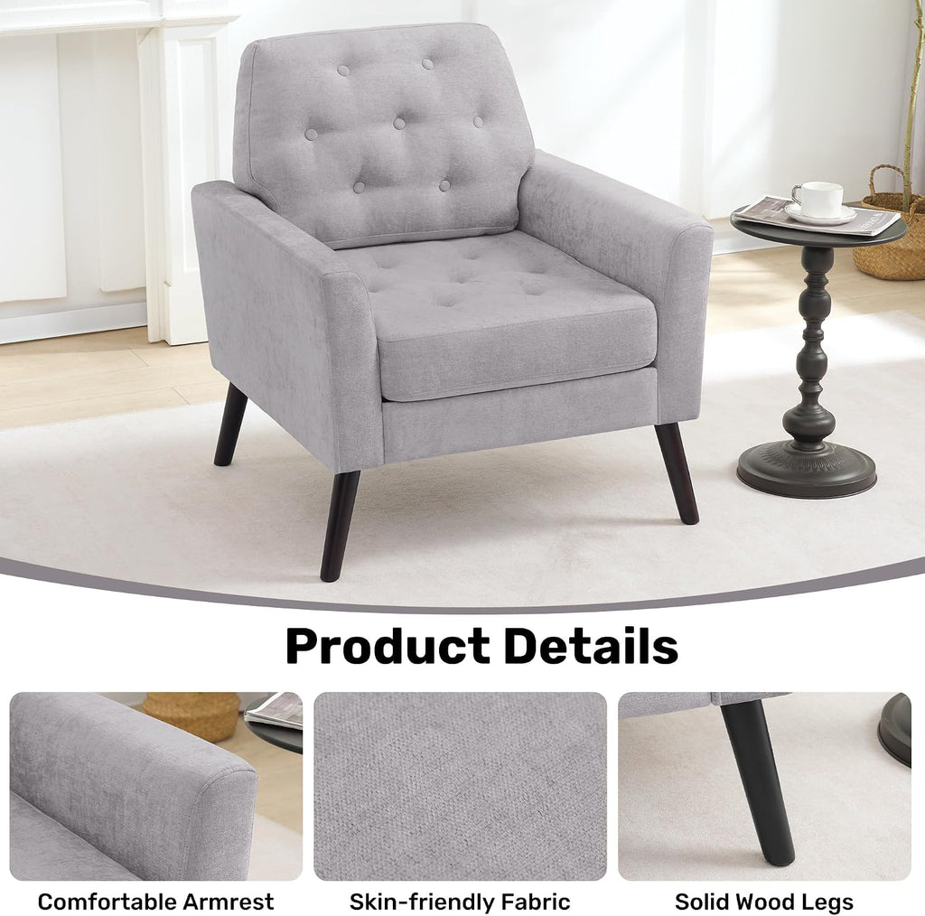 Accent Chair Set of 2, Mid Century Modern Living Room Chairs, Upholstered Armchair with Tufted Back & Wood Legs, Single Sofa Reading Side Chair for Bedroom Office Waiting Room, Light Grey