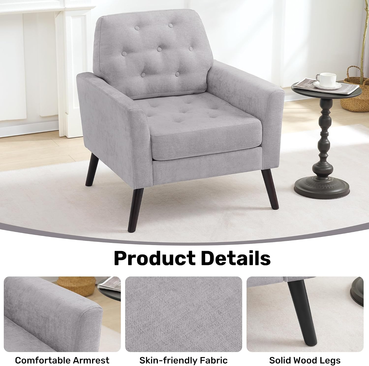 Accent Chair Set of 2, Mid Century Modern Living Room Chairs, Upholstered Armchair with Tufted Back & Wood Legs, Single Sofa Reading Side Chair for Bedroom Office Waiting Room, Light Grey