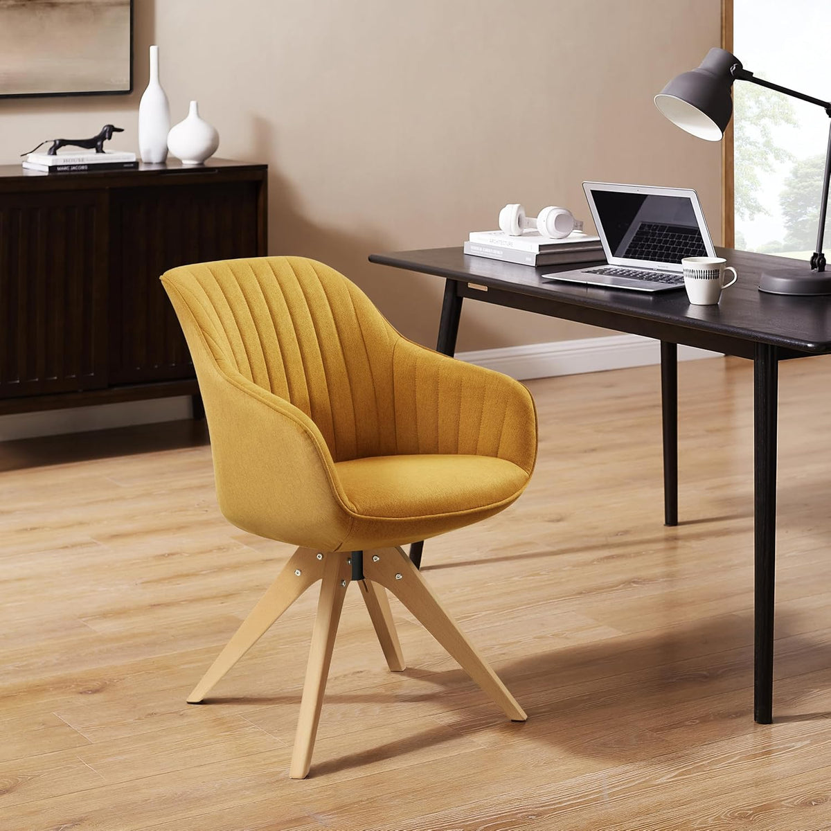 Art Leon Swivel Dining Chair, Fabric Upholstered Chair, Green | No Wheels, Beech Wood Legs, Mid Century Modern, Upholstered, 360° Swivel, Dining Room, Kitchen
