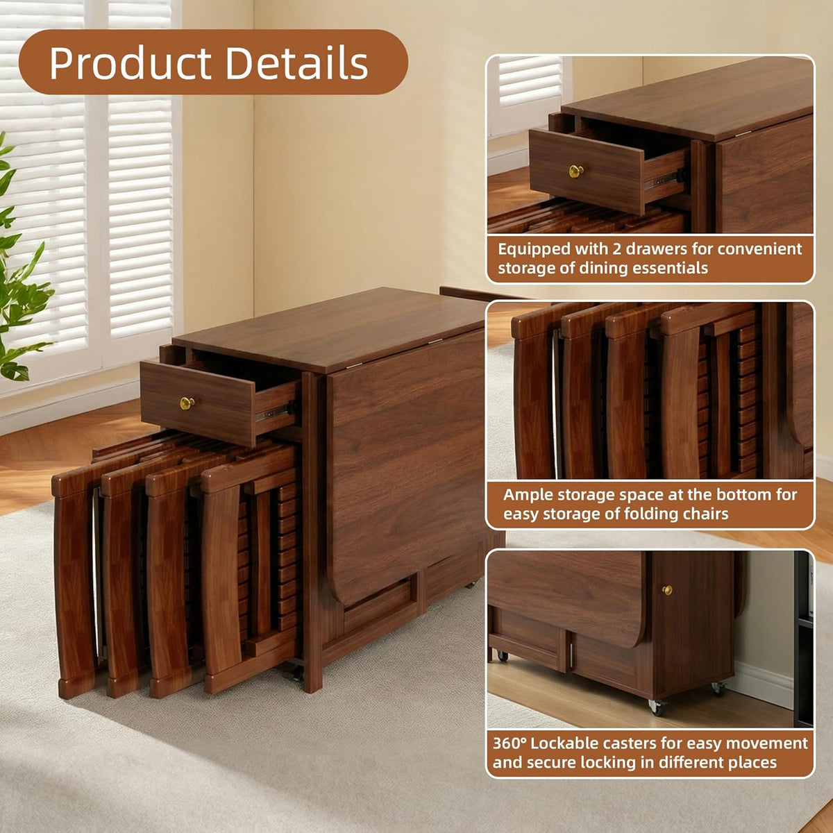 Small Folding Dining Table - 51" Fully Assembled Drop Leaf Table 4-6 Seater with Storage and Lockable Wheels, Space-Saving for Kitchen or Dining Room (Walnut)