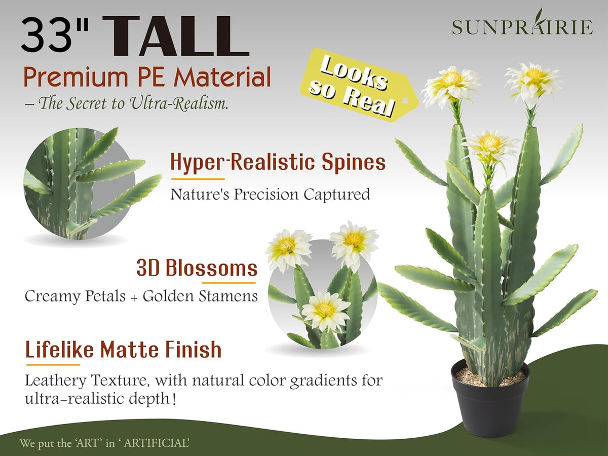 33 Inch Large Artificial Cactus with Lilly White Flowers in Pot with Natural Gravel. Satin Finish Leaves with Real Look and Feel. Outdoor and Indoor Faux Plants.