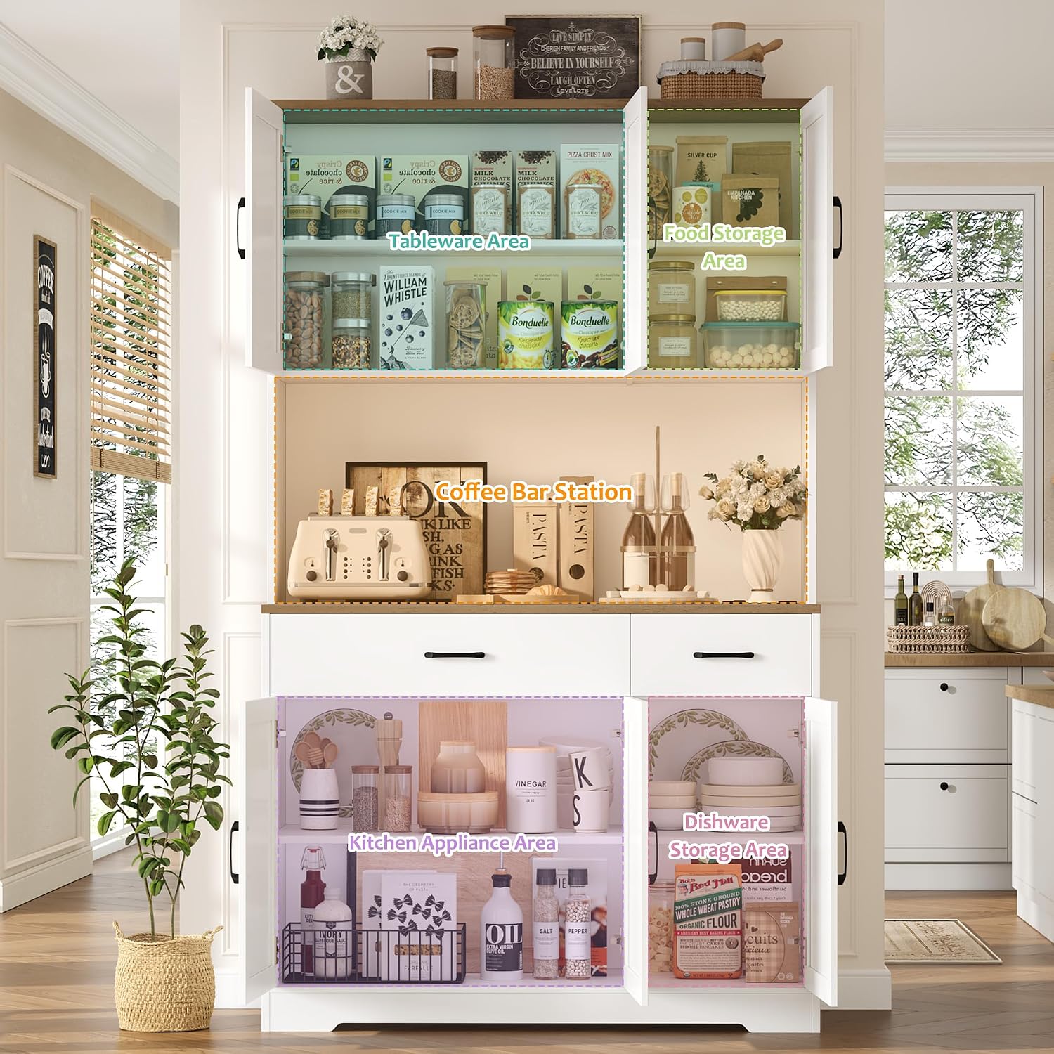 HOSTACK 71"H Kitchen Pantry Storage Cabinet, Farmhouse Hutch Cabinet, White | Space-Saving Pantry Cabinet with Charging Station & 2 Large Drawers & Adjustable Shelves, Tall Kitchen Hutch, Dining Room