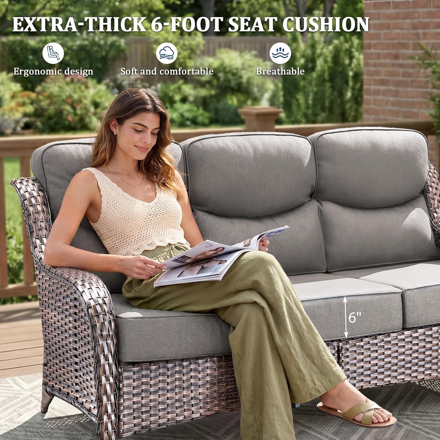 Luxury Swivel Rocker Chairs Fire Pit Table Set with 6" Thick Cushion 4 piece Wicker Outdoor Patio Chair with Sofa,Comfortable High Back Outdoor Patio Furniture Set - Brown | Gery
