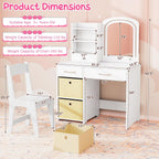 Costzon Kids Vanity with Lights, Princess Makeup Dressing Desk with Mirror and Stool, Storage Drawers, Shelves, Vanity Table and Chair Set for Little Girls (White)