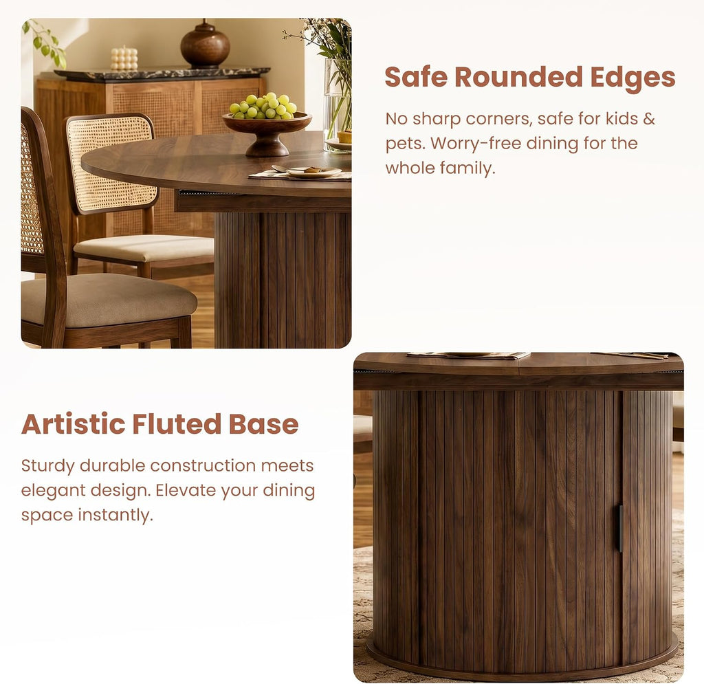 47''-63'' Extendable Round Dining Table for 4-6, Round Dining Room Table with Hidden Storage, Modern Wooden Kitchen Table with Fluted Sliding Door Cabinet for Dining Room Kitchen, Walnut