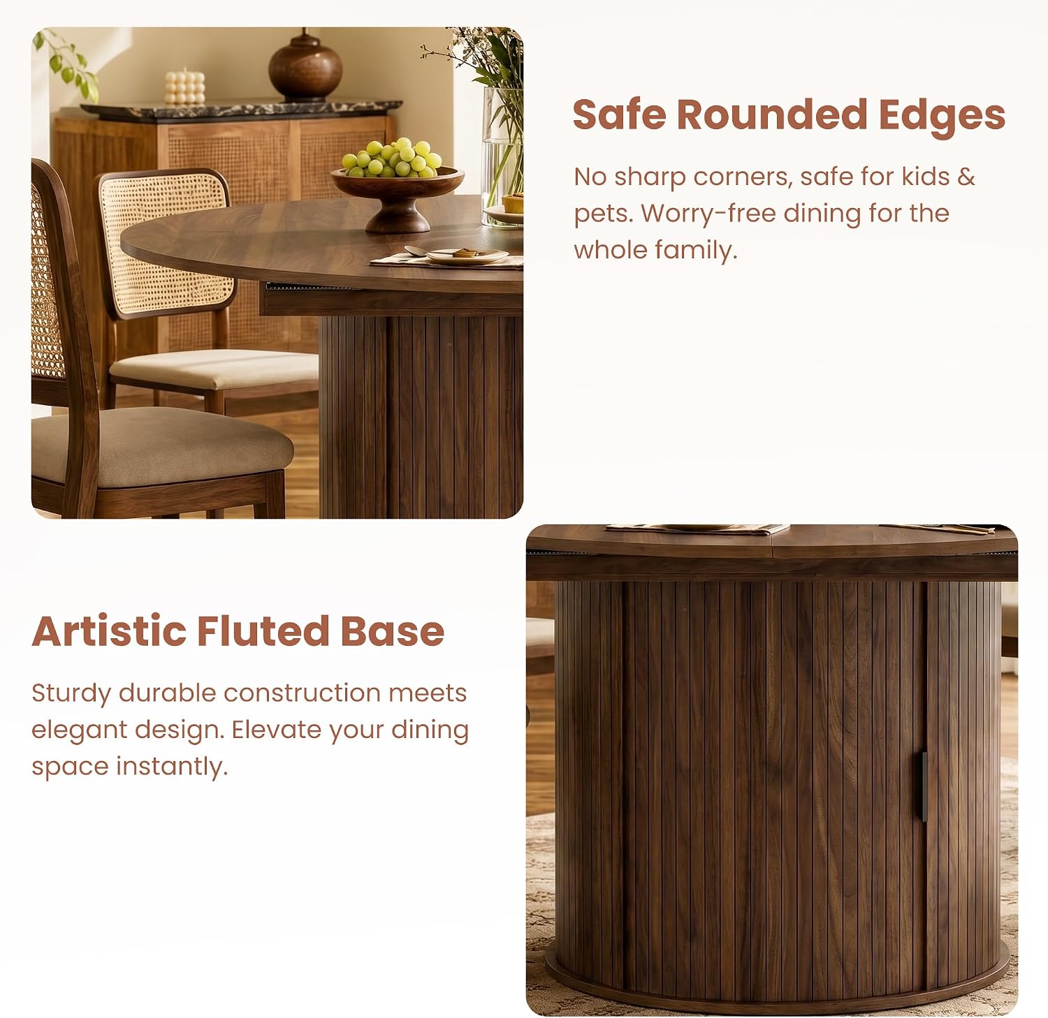 47''-63'' Extendable Round Dining Table for 4-6, Round Dining Room Table with Hidden Storage, Modern Wooden Kitchen Table with Fluted Sliding Door Cabinet for Dining Room Kitchen, Walnut