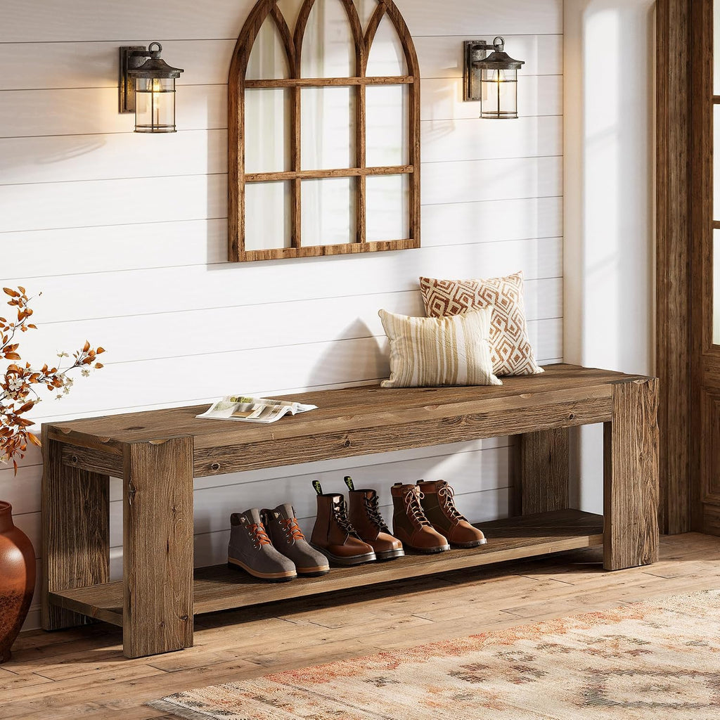 Solid Wood Entryway Bench with Storage Shelf, 55.12-Inch 2-Tier Wood Shoe Bench Seating for Entrance, Hallway, Dining Room, Living Room, Mudroom, Bedroom, Rustic Brown