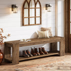 Solid Wood Entryway Bench with Storage Shelf, 55.12-Inch 2-Tier Wood Shoe Bench Seating for Entrance, Hallway, Dining Room, Living Room, Mudroom, Bedroom, Rustic Brown