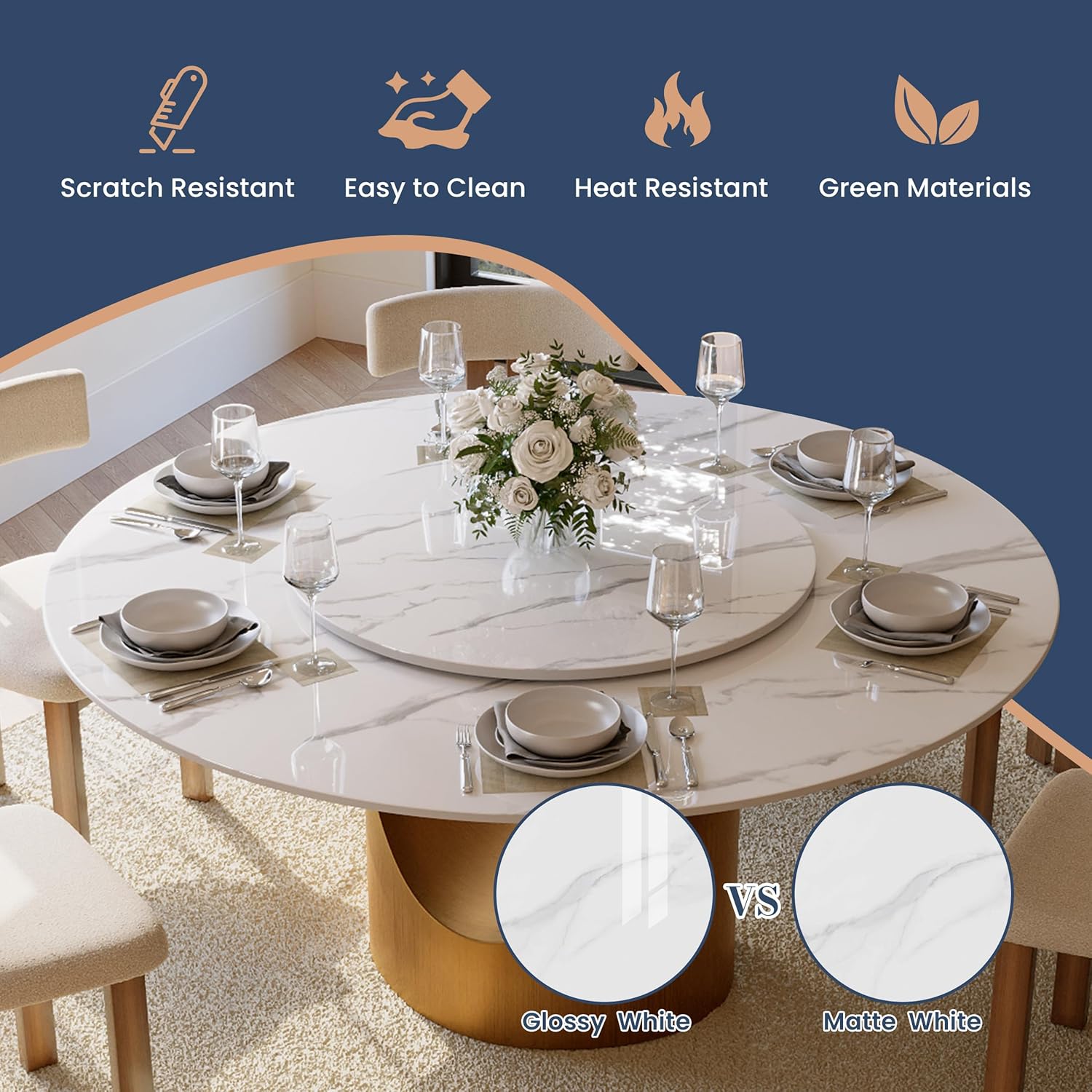 POVISON 59" Round Dining Table for 6 with Lazy Susan, Glossy White Sintered Stone Dining Tabletop with 31" Lazy Susan, Bronze Carbon Steel Pedestal, Modern Dining Table for Living Room (Table Only)