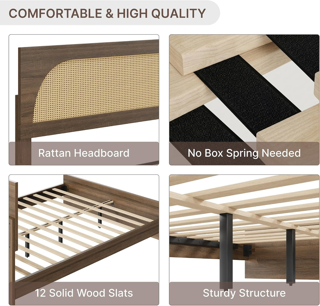 KISLOT Boho Rattan Bed Frame, Farmhouse Platform Bed Frame with Headboard and Footboard, Bedroom Furniture Solid Wood Support Mattress Foundation with Silent Slat Support No Box Spring Needed