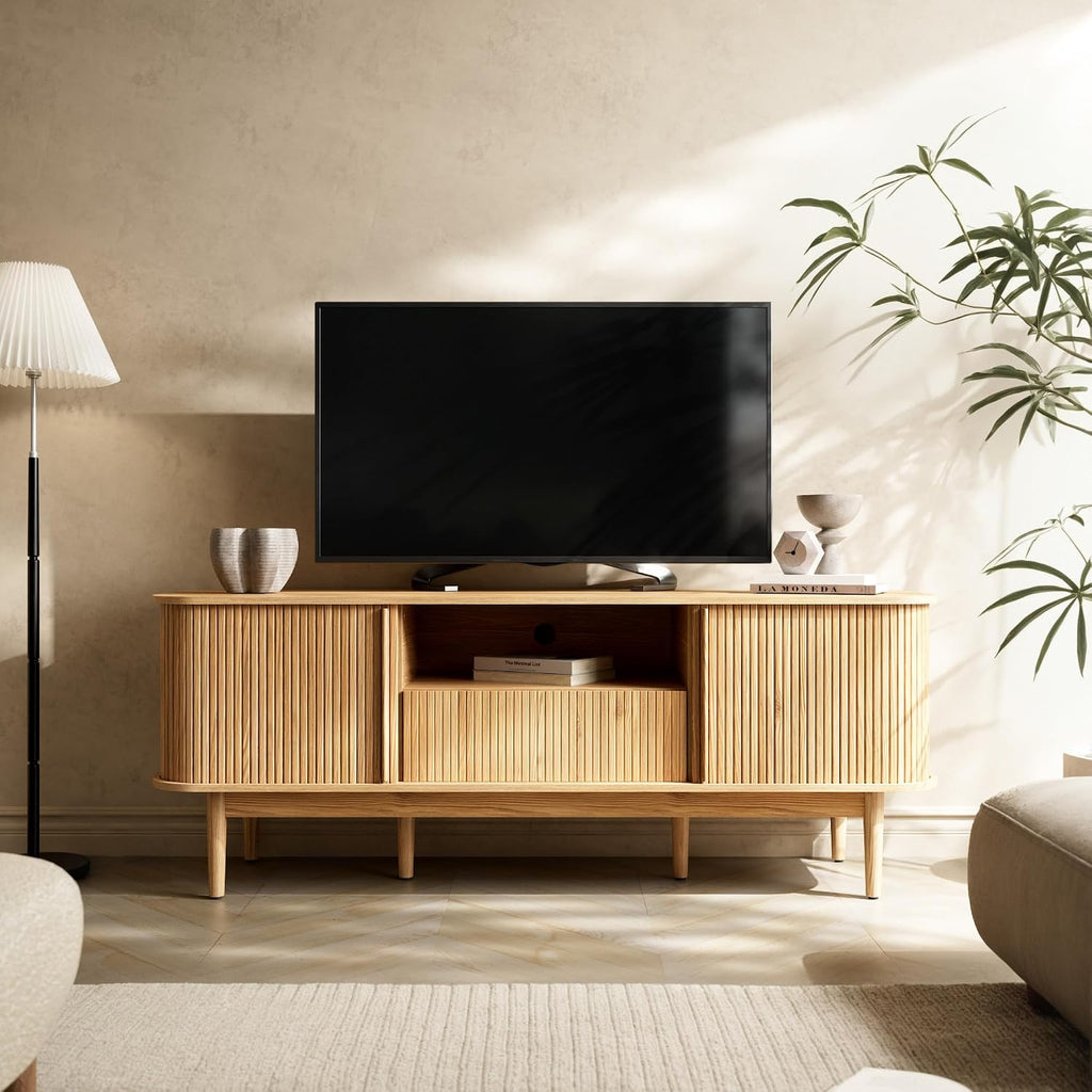 Furniway Modern TV Stand for 45/55/70 inch TV, Entertainment Center with Sliding Doors and Storage, Wood TV Stand for Bedroom, Living Room, Natural