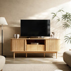 Furniway Modern TV Stand for 45/55/70 inch TV, Entertainment Center with Sliding Doors and Storage, Wood TV Stand for Bedroom, Living Room, Natural