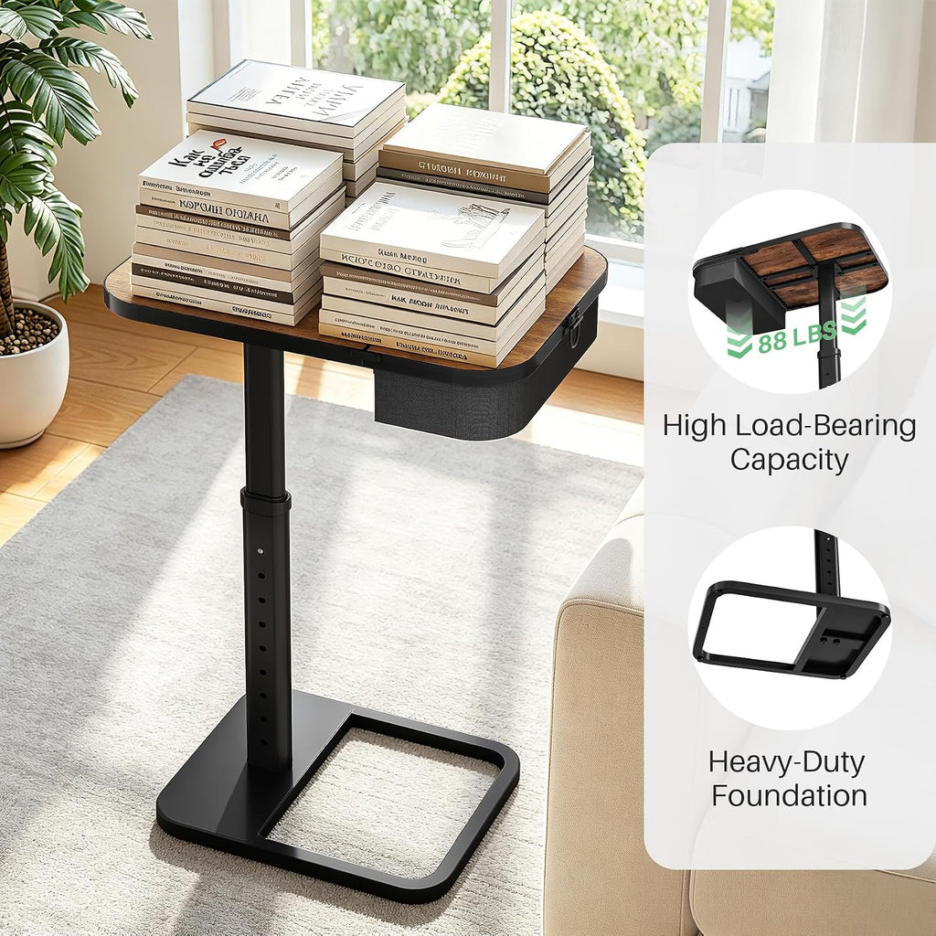 Kitstorack Large TV Tray Table with Flip-Top Storage, Adjustable Height | 18.9" x 14.2" desktop, metal frame, Oxford fabric basket, 9 height settings, C-shaped base, sofa, bed, living room