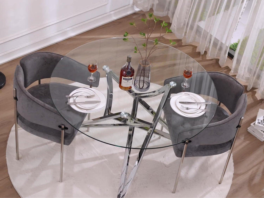 Glass Round Dining Table, 47.2" Modern Round Table with Silver Mirrored Geometric Legs, Gorgeous Clear Circle Table for Kitchen Dining Room, Apartment, Small Spaces