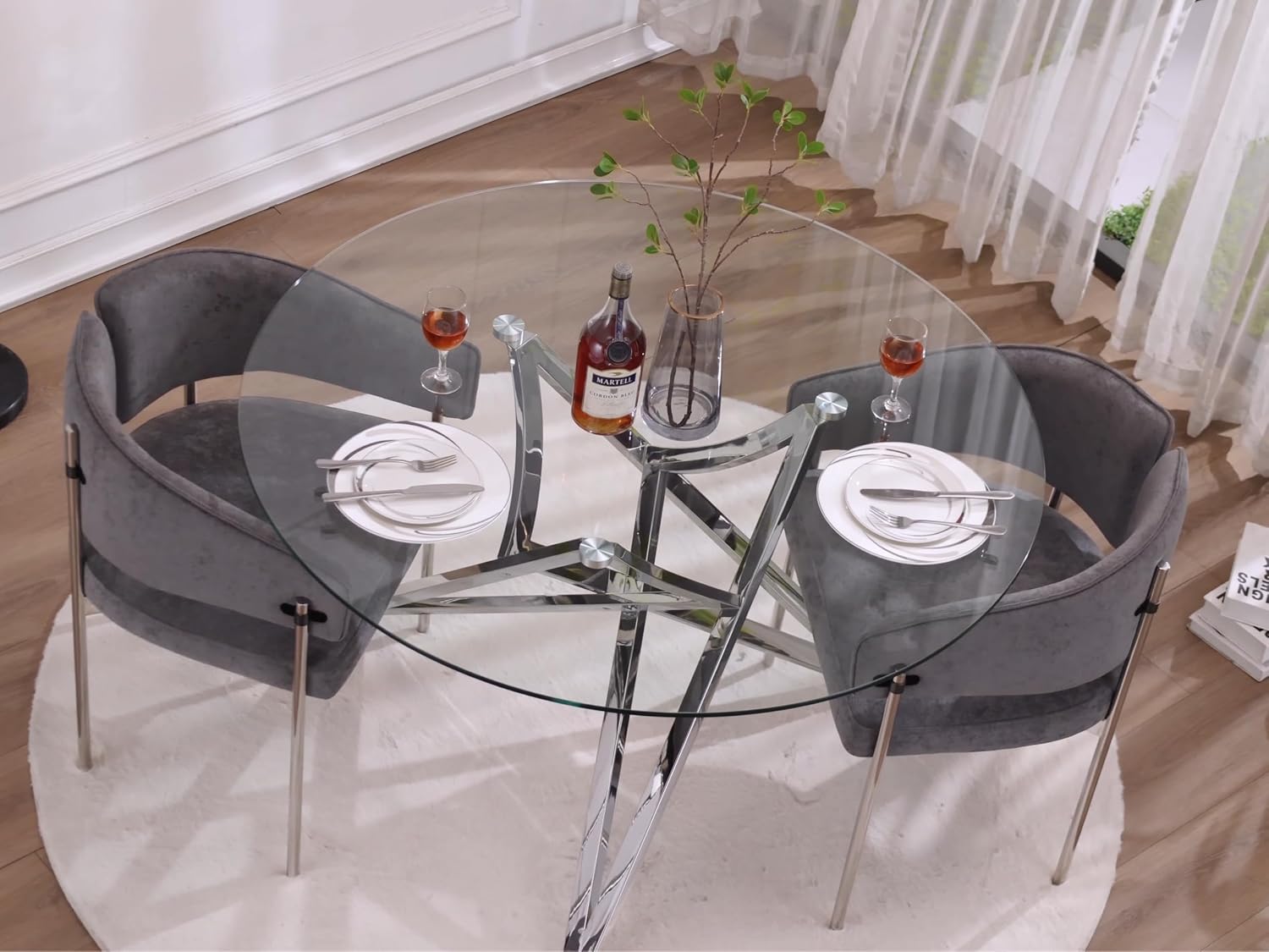 Glass Round Dining Table, 47.2" Modern Round Table with Silver Mirrored Geometric Legs, Gorgeous Clear Circle Table for Kitchen Dining Room, Apartment, Small Spaces