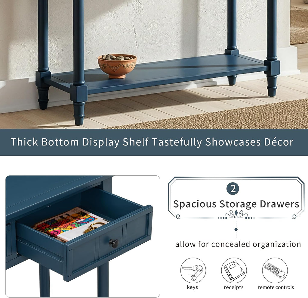 P PURLOVE Console Table Sideboard Wooden Sofa Table with 2 Drawers and Bottom Shelf (Dark Navy)