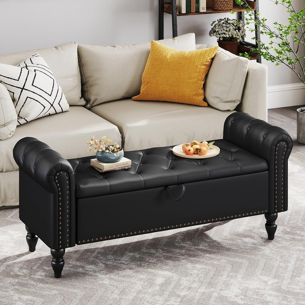 Furniliving 51” End of Bed Bench, Bedroom Bench with Button-Tufted, Large Upholstered Storage Ottoman Benches Entryway Bench with Storage Shoe Cabinet Bench, for Bedroom, Living Room, PU, Black