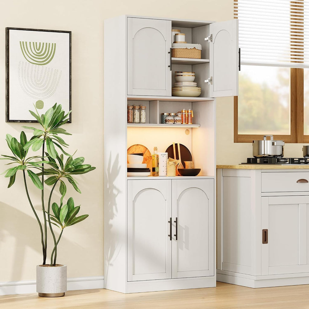 GarveeHome 71" Tall Pantry Cabinet with Countertop, Kitchen Cabinets with LED Light Strip & Microwave Shelf, Kitchen Hutch Storage Cabinet with Adjustable Shelves for Dining Room, White