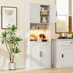 GarveeHome 71" Tall Pantry Cabinet with Countertop, Kitchen Cabinets with LED Light Strip & Microwave Shelf, Kitchen Hutch Storage Cabinet with Adjustable Shelves for Dining Room, White