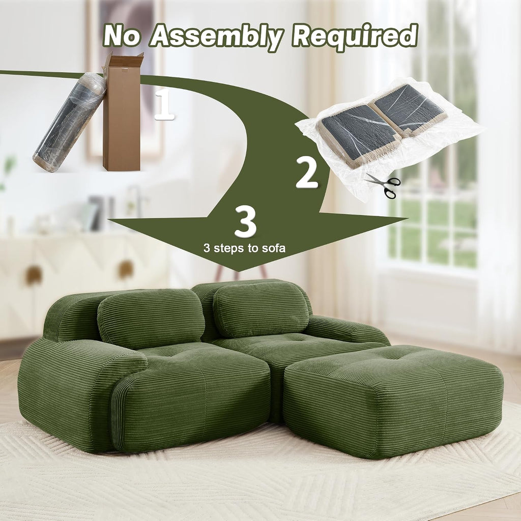SoarFlash 81” Sectional Cloud Sofa Couches for Living Room-2 Seater L-Shaped Modern Lounge Couch-No Assembly Modular Corduroy Convertible Sponge Sleeper Sofas with Chaise for Home House,Green