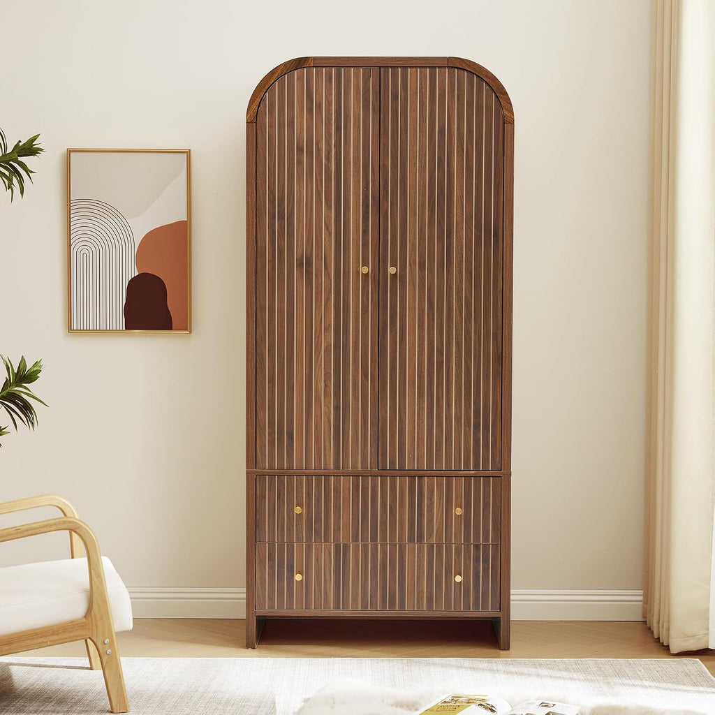 LEVNARY Arched Armoire Wardrobe Closet, Mid-Century Modern 2-Door Freestanding Wardrobe with Hanging Rod and 2 Drawers, Fluted Carved Clothing Storage Cabinet for Bedroom (Walnut)